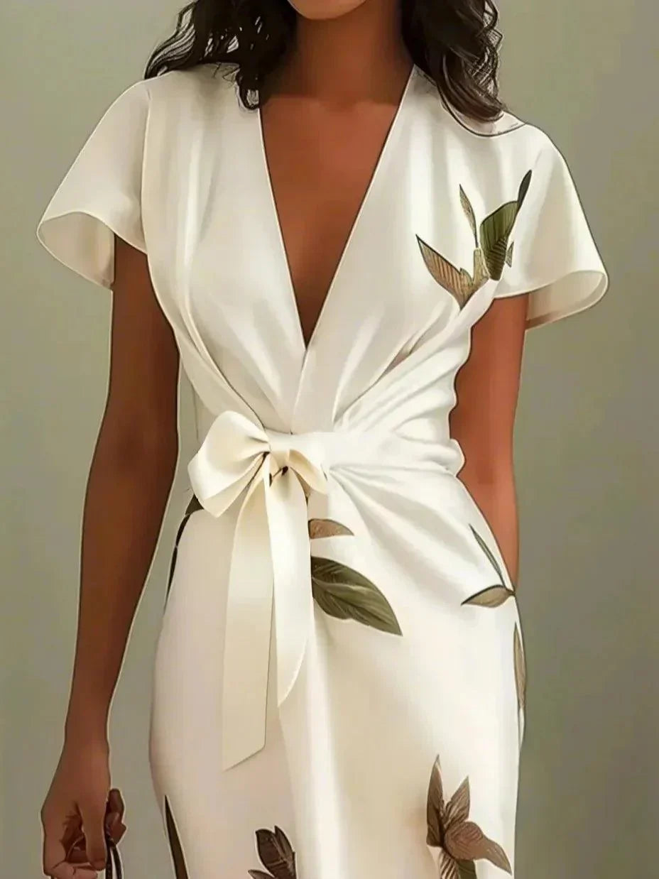 Aurora Valencia | White Leaf Short Sleeve Satin Midi Dress