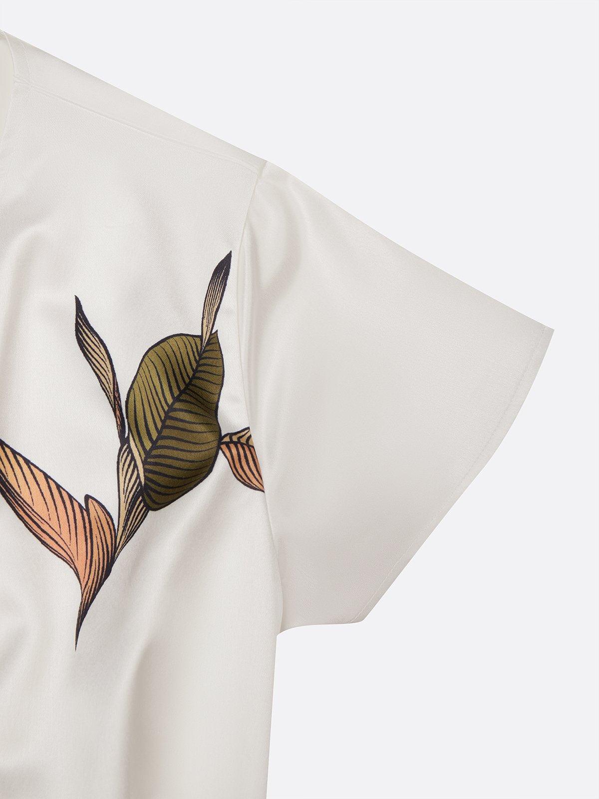 Aurora Valencia | White Leaf Short Sleeve Satin Midi Dress