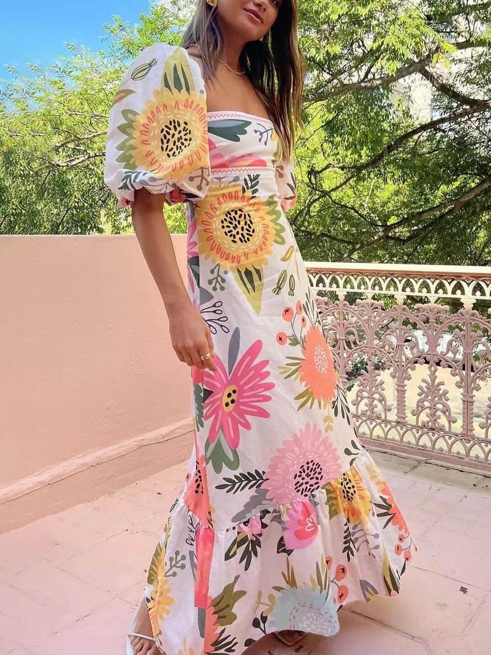 Aurora Valencia | Holiday Square Neck Floral Print Maxi Dress