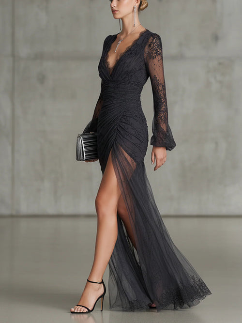Aurora Valencia  | Dark Grey Lace Ruched Maxi Dress