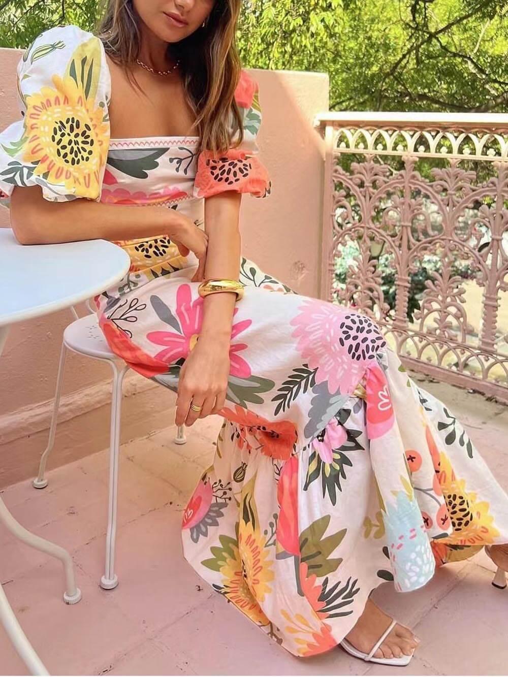 Aurora Valencia | Holiday Square Neck Floral Print Maxi Dress