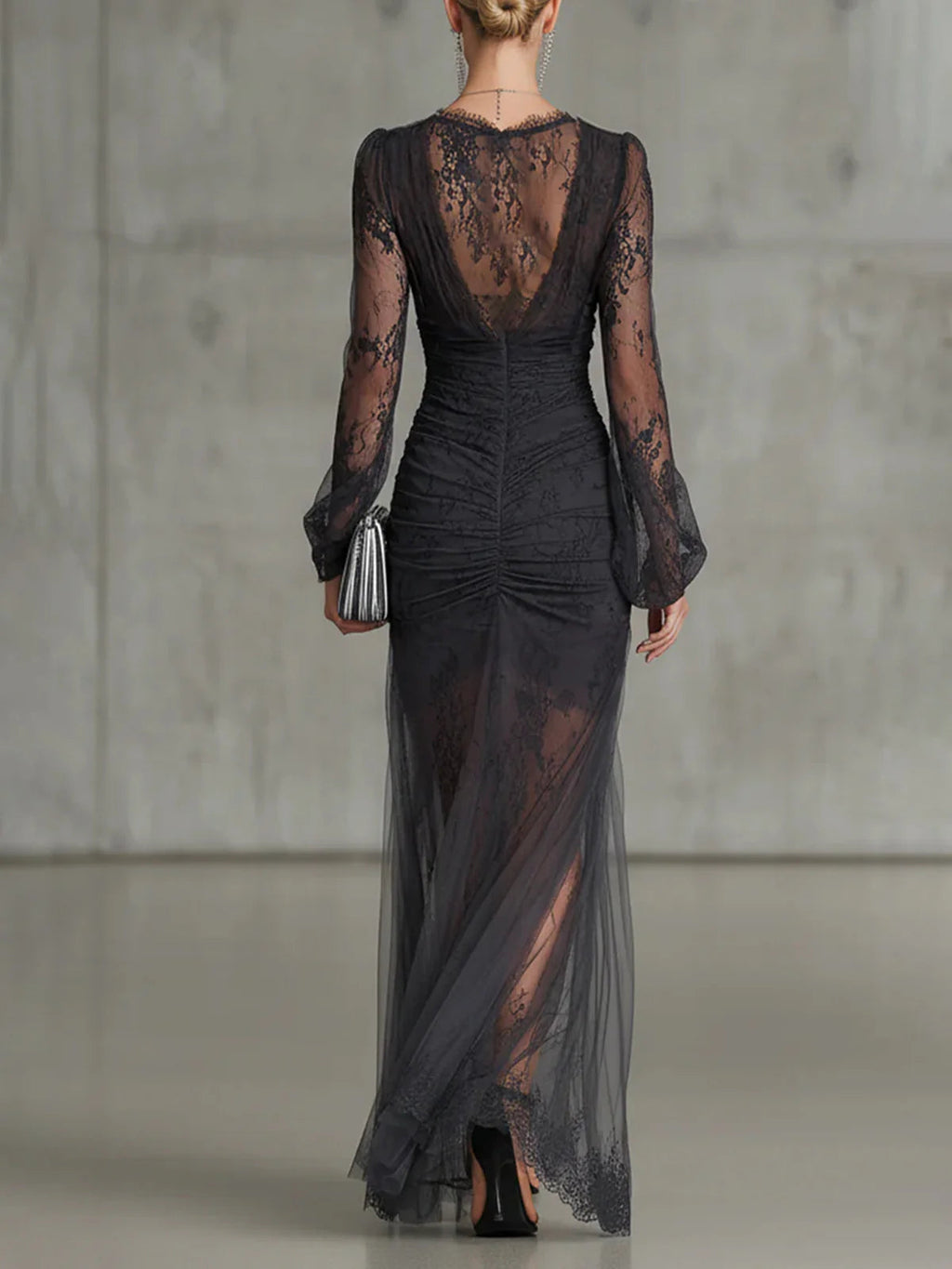 Aurora Valencia  | Dark Grey Lace Ruched Maxi Dress