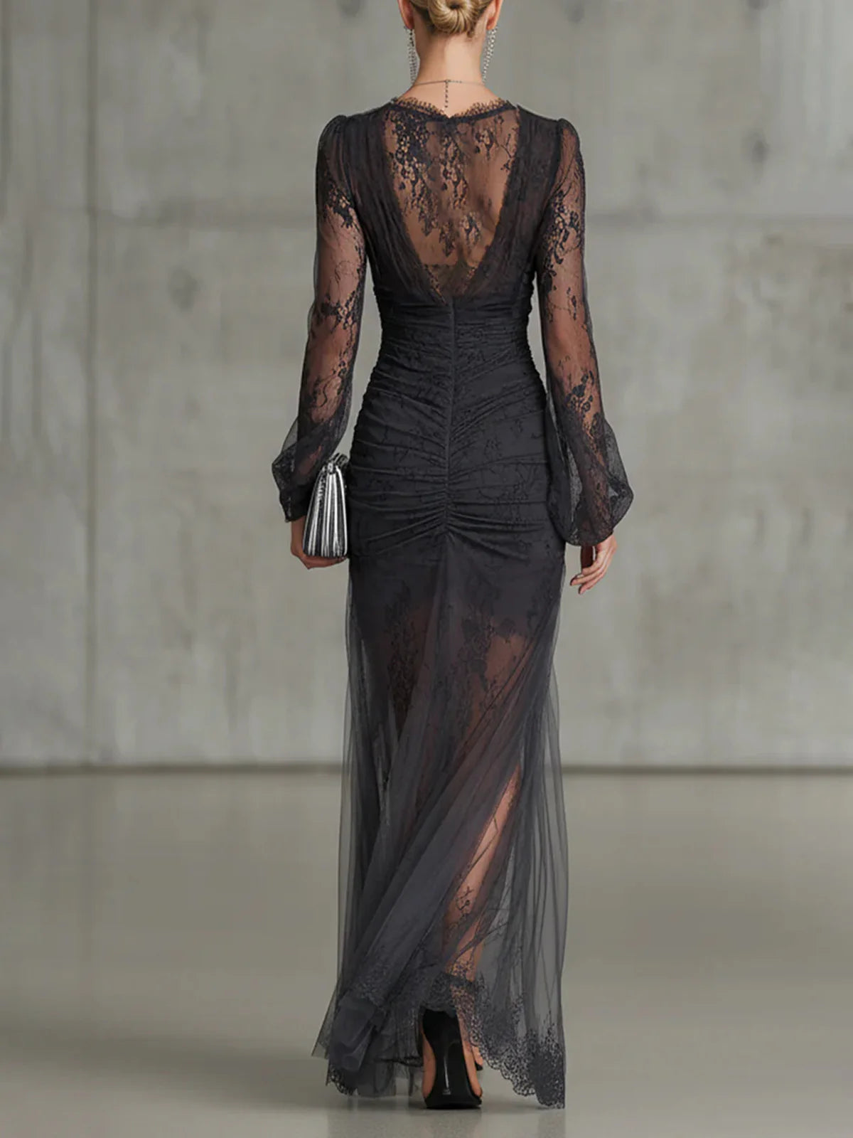 Aurora Valencia  | Dark Grey Lace Ruched Maxi Dress