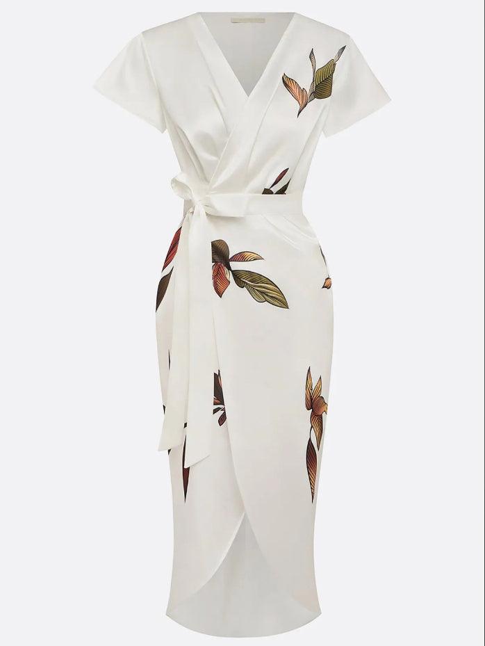 Aurora Valencia | White Leaf Short Sleeve Satin Midi Dress