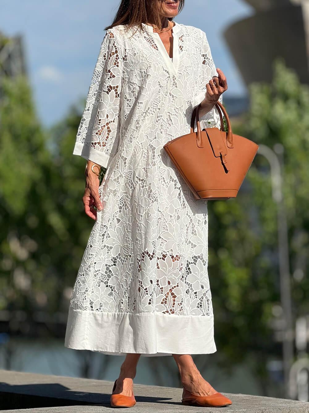 Aurora Valencia | Beach Glam Flower V-Neck Midi Dress