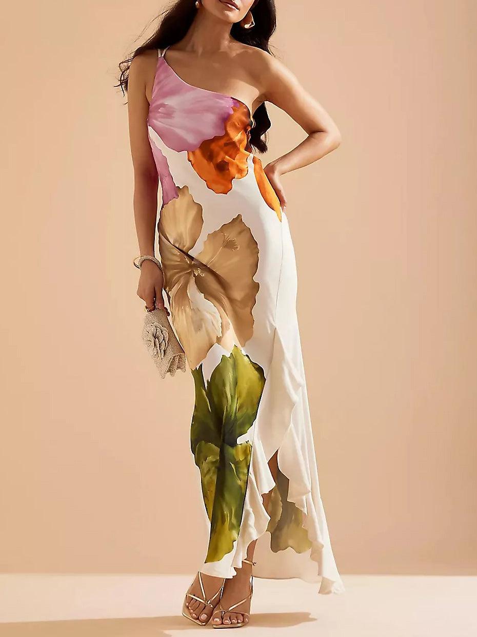 Aurora Valencia | Resort Vibes Elegant Floral Print One-shoulder Maxi Dress