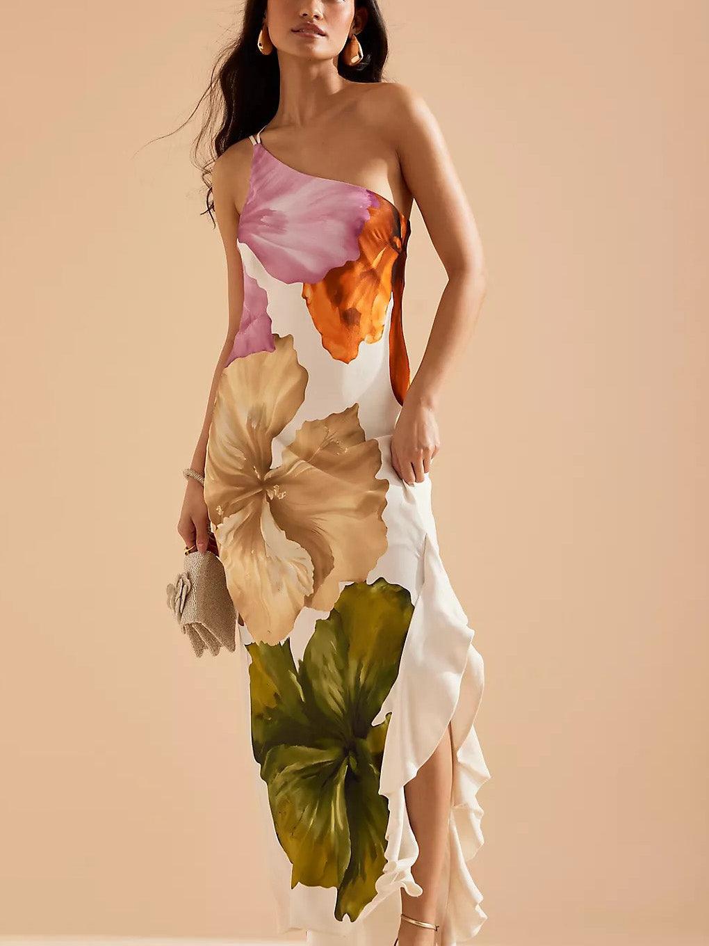 Aurora Valencia | Resort Vibes Elegant Floral Print One-shoulder Maxi Dress