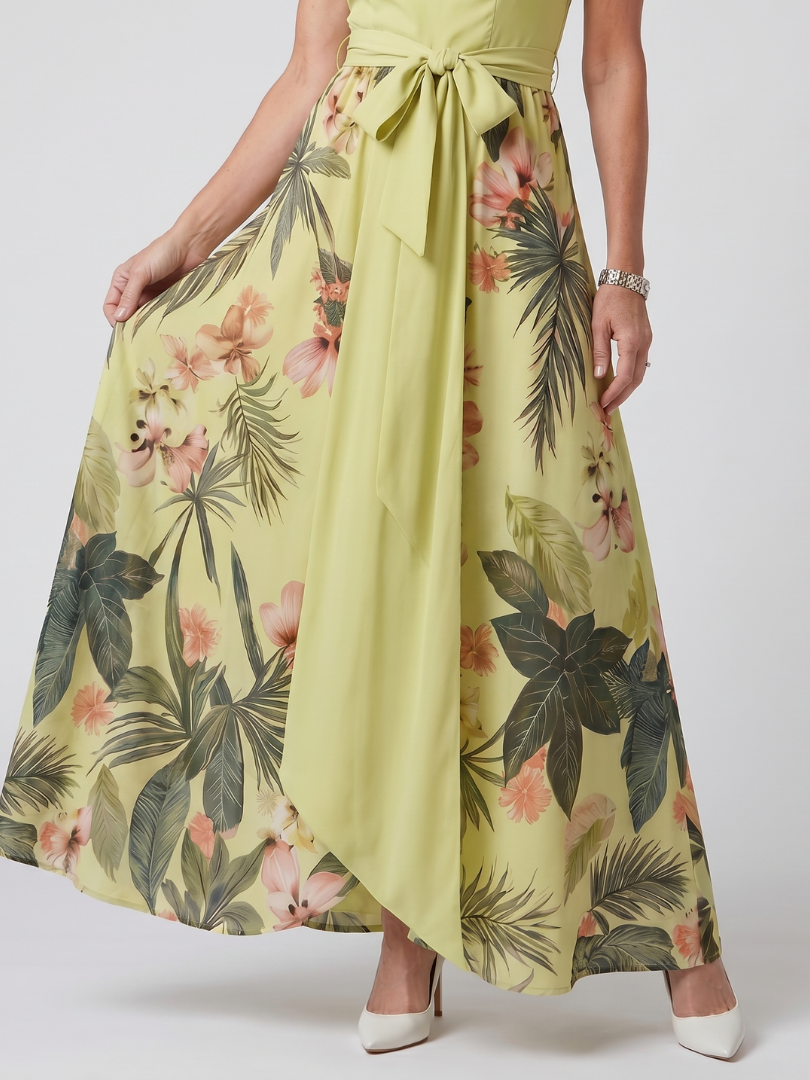 Aurora Valencia | Draped Halter Botanical Panel Maxi Dress