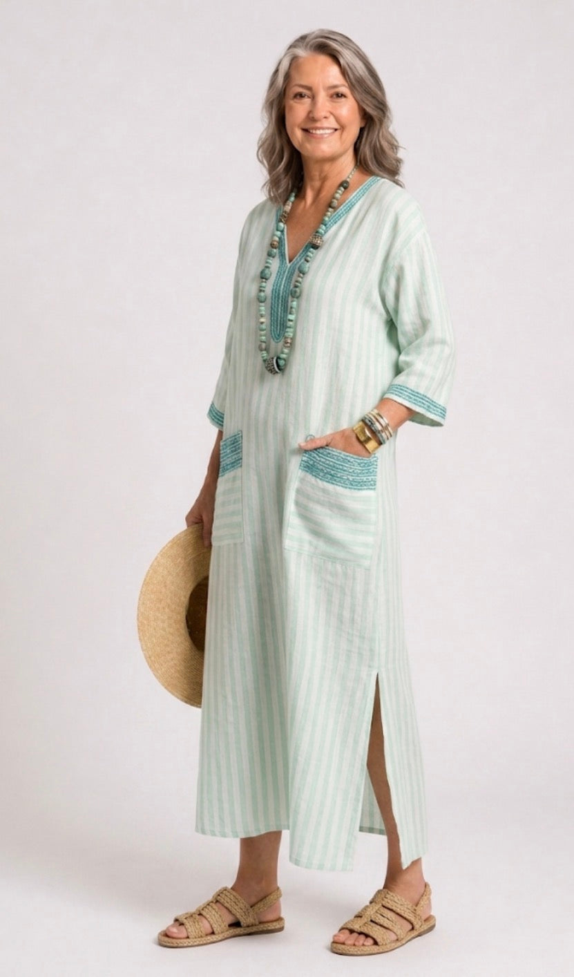 Aurora Valencia | Striped V Neck Pocket Midi Dress