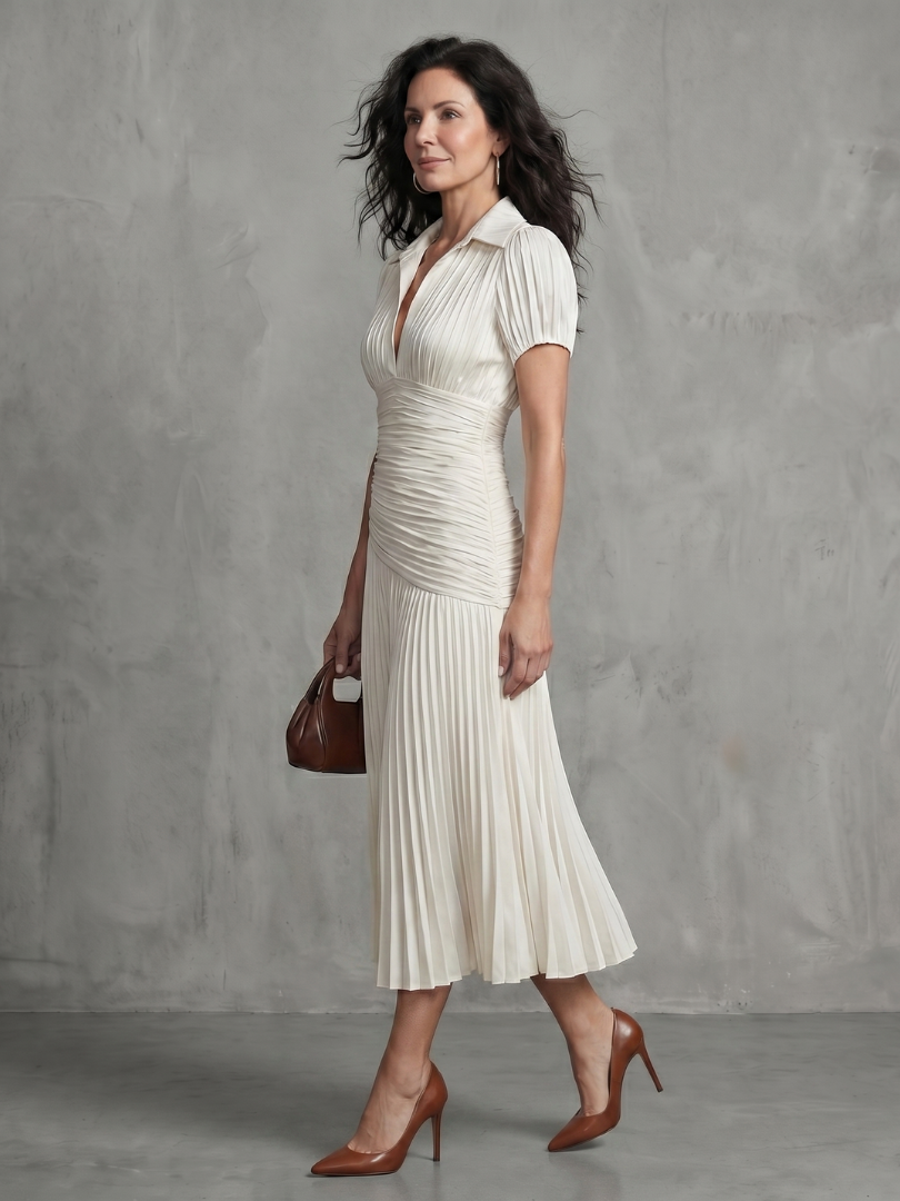 Aurora Valencia | Pleated Waistline Stripe Midi Dress