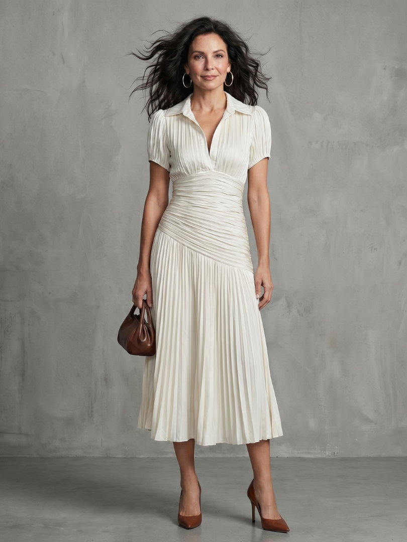 Aurora Valencia  | Pleated Waistline Stripe Midi Dress
