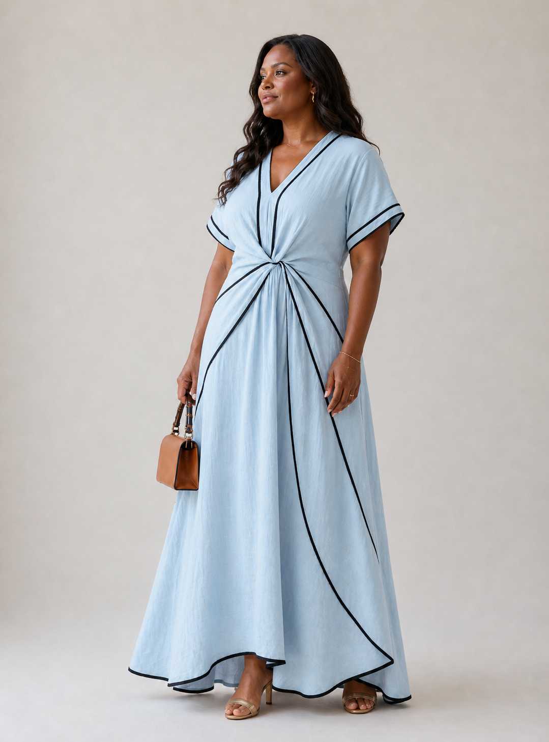 Aurora Valencia | V Neck Short Sleeve Gathered Waist Midi Dress