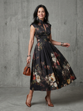 Aurora Valencia | High Neck Keyhole Floral Pleated Midi Dress
