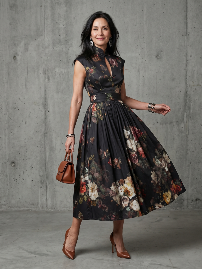Aurora Valencia | High Neck Keyhole Floral Pleated Midi Dress