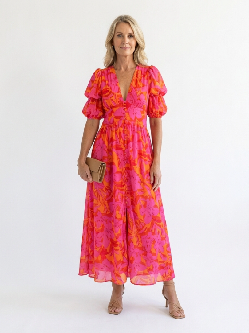 Aurora Valencia | Floral V Neck Puff Sleeve Midi Dress