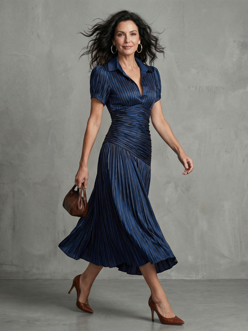 Aurora Valencia  | Pleated Waistline Stripe Midi Dress