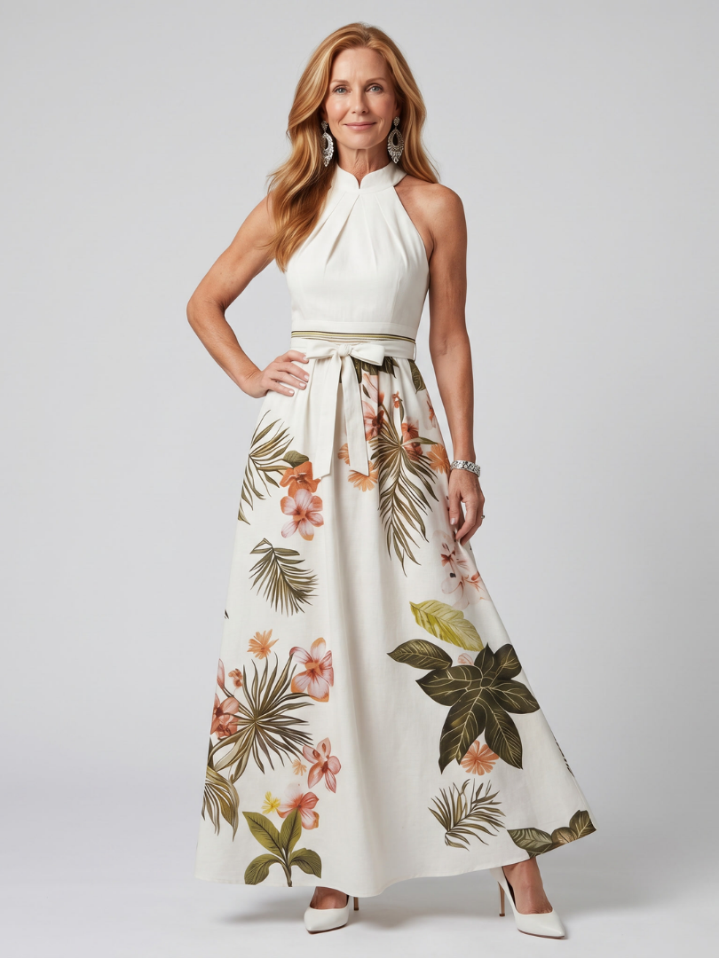 Aurora Valencia | Draped Halter Botanical Panel Maxi Dress