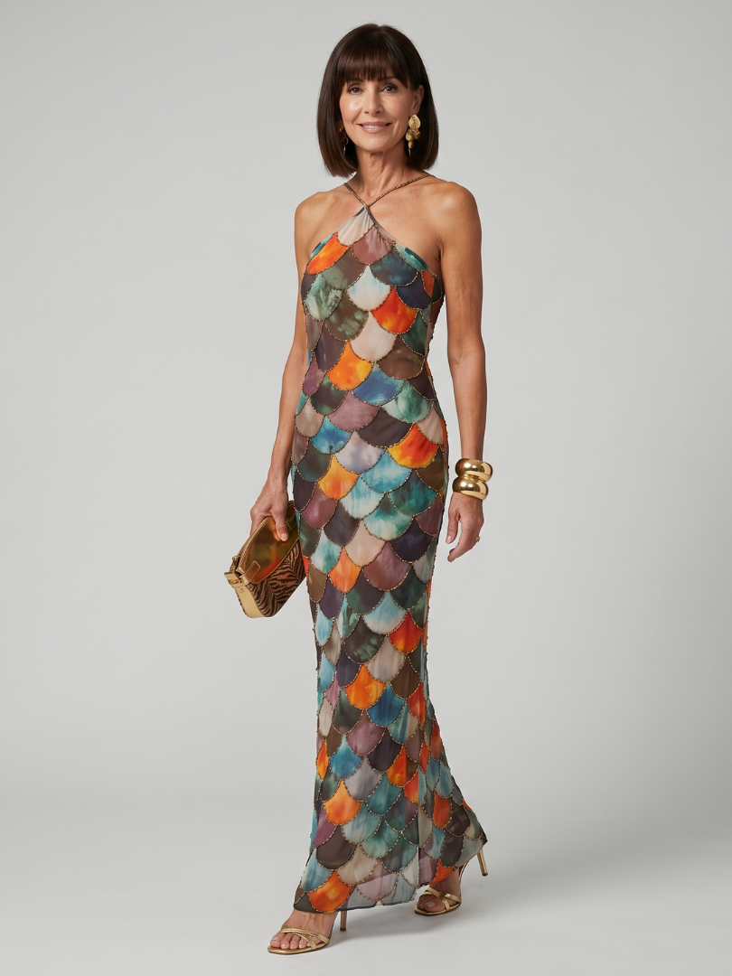 Aurora Valencia | Fitted Multicolor Scale Pattern Maxi Dress