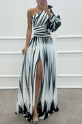 Aurora Valencia |Elegant Striped Maxi Dress with One Shoulder