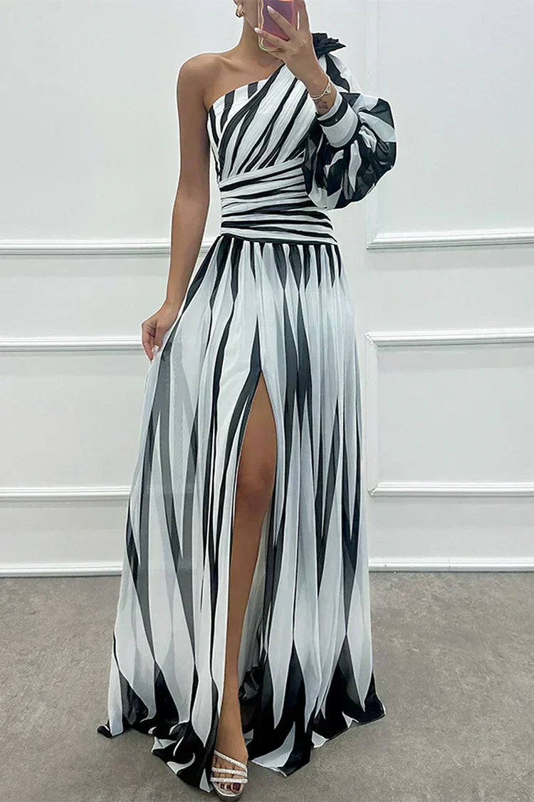 Aurora Valencia |Elegant Striped Maxi Dress with One Shoulder