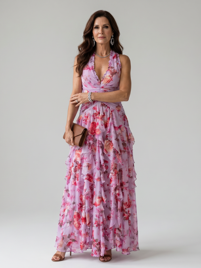 Aurora Valencia | Halter Neck Ruched Bodice Floral Maxi Dress