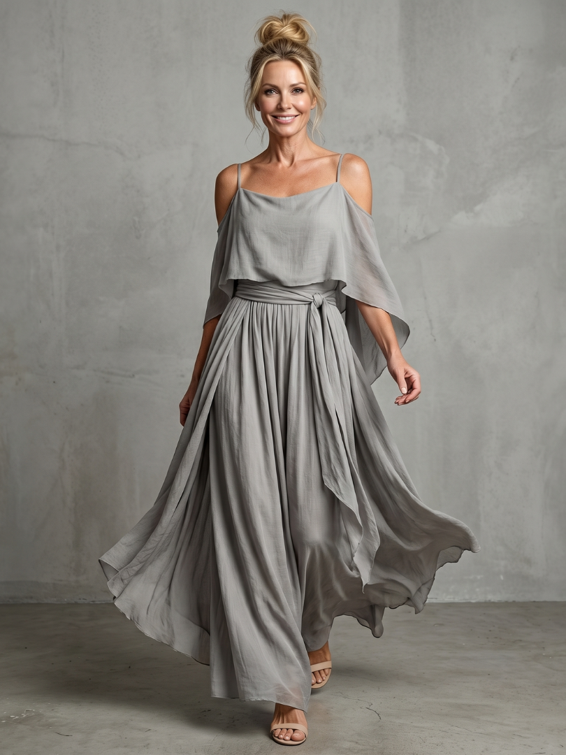 Aurora Valencia | Layered Drape Cold Shoulder Top Wide Leg Set