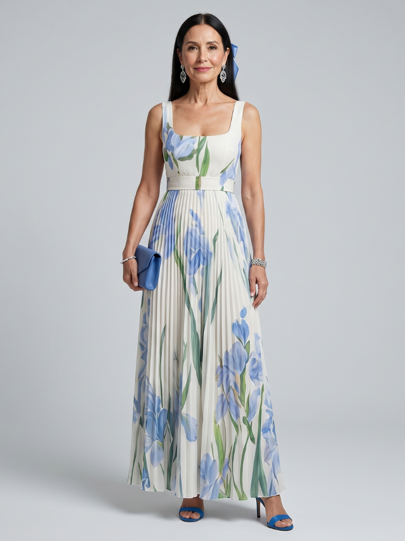 Aurora Valencia | Sleeveless Square Neck Floral Print Midi Dress