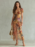 Aurora Valencia | Ruffled Sleeve Ruched Slit Midi Dress