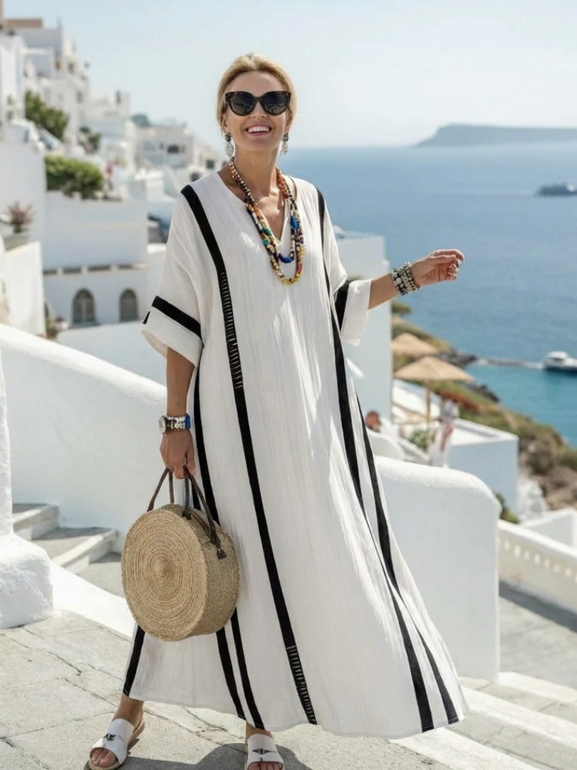 Aurora Valencia | Short Sleeve Color Block Striped Maxi Dress