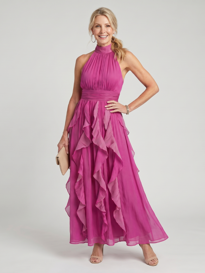 Aurora Valencia | High Neck Gathered Ruffle Layers Maxi Dress