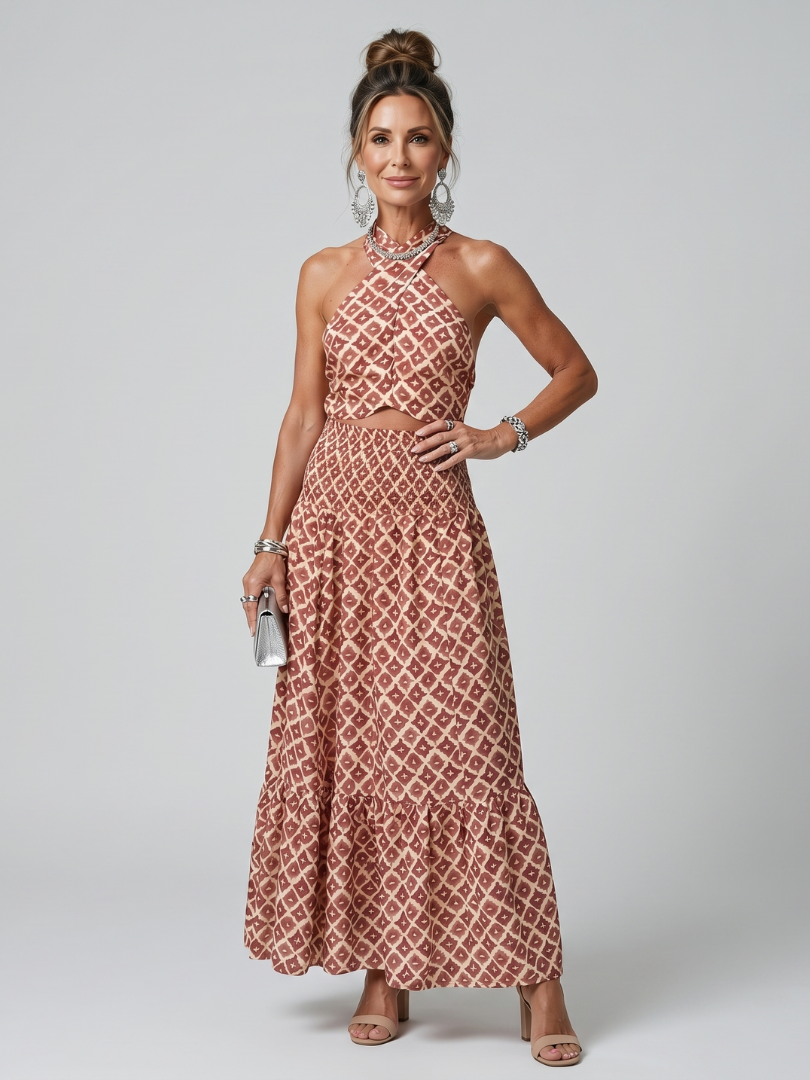 Aurora Valencia | Cross Halter Geometric Print Cutout Midi Dress