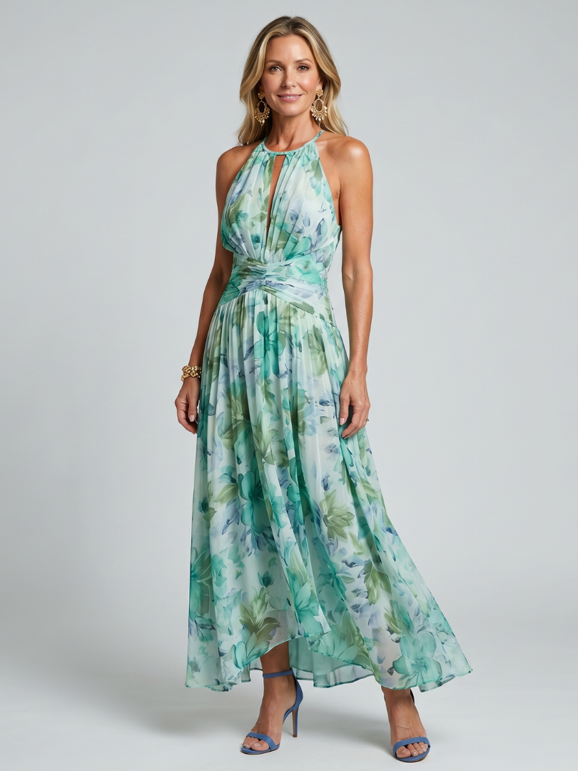 Aurora Valencia | Pleated Halter Soft Floral Pattern Midi Dress