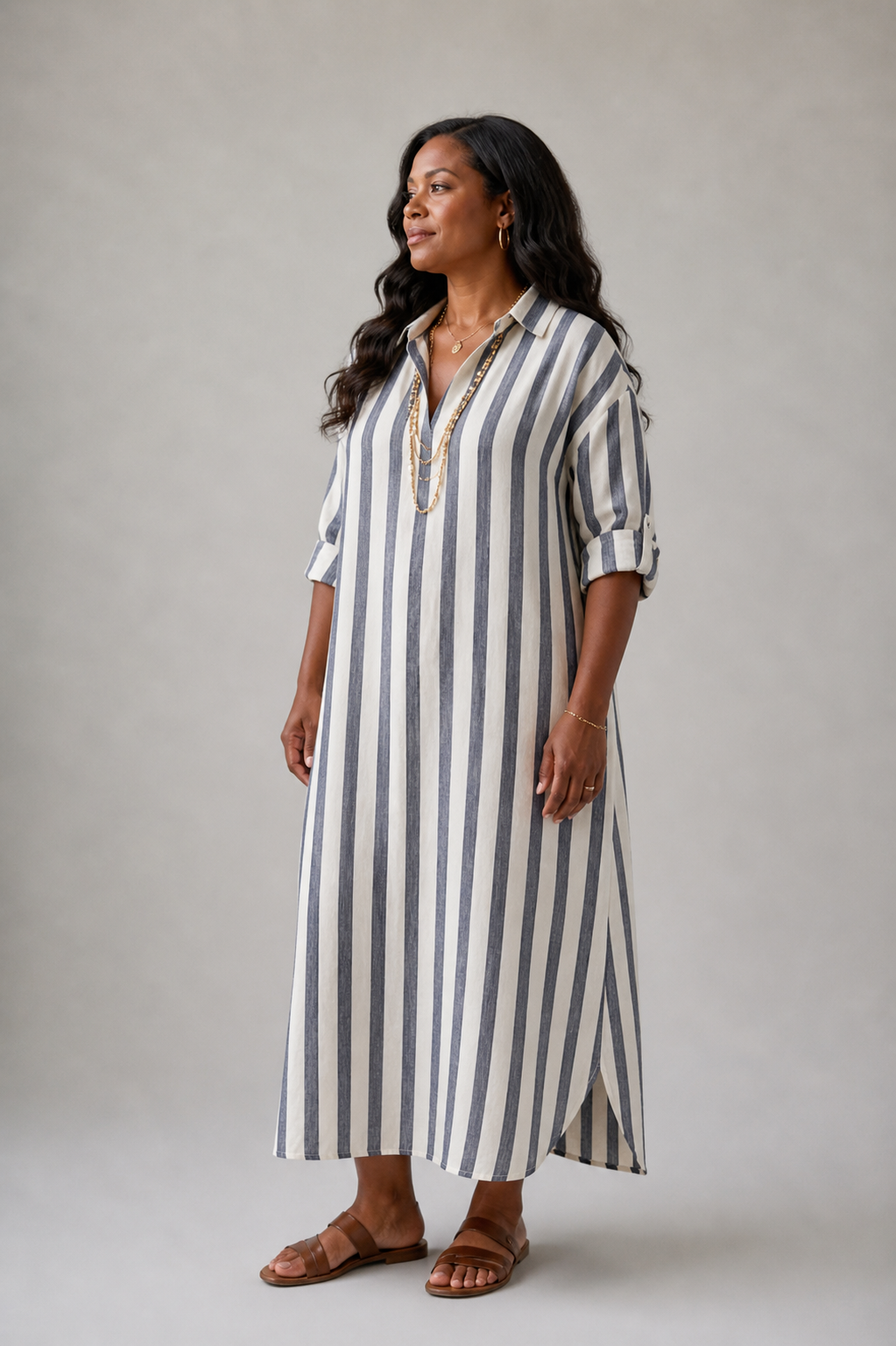 Aurora Valencia | Long Sleeve Striped Midi Shirt Dress
