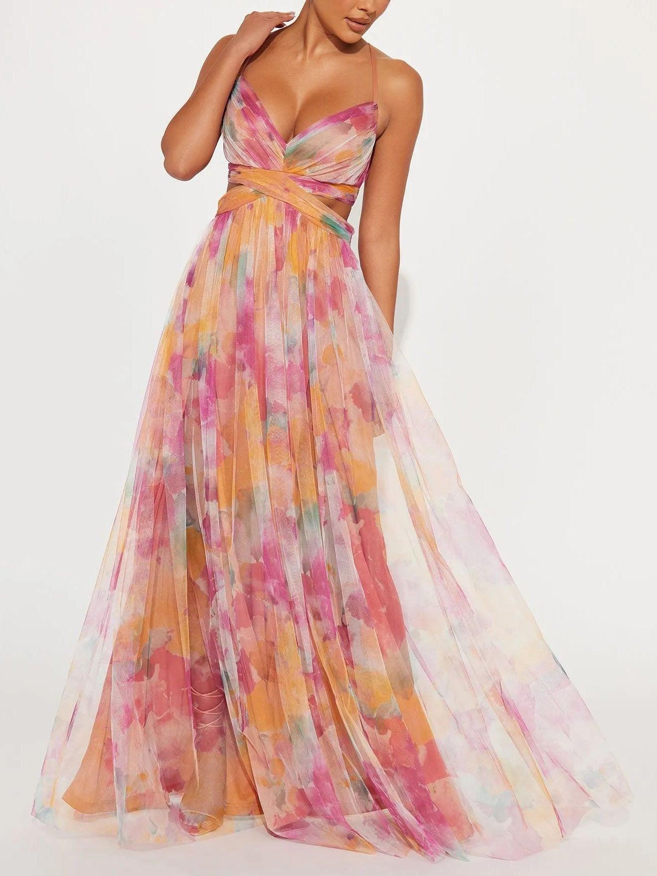 Aurora Valencia | Painted Floral Print V-Neck Maxi Dress