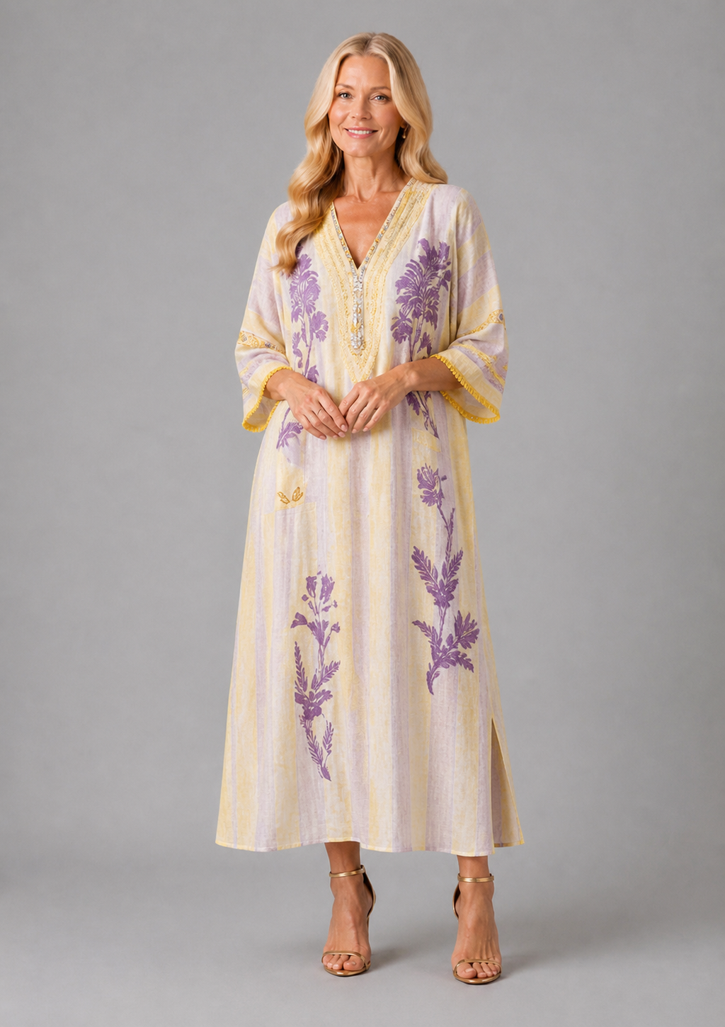 Aurora Valencia | V Neck Half Sleeve Striped Floral Maxi Dress