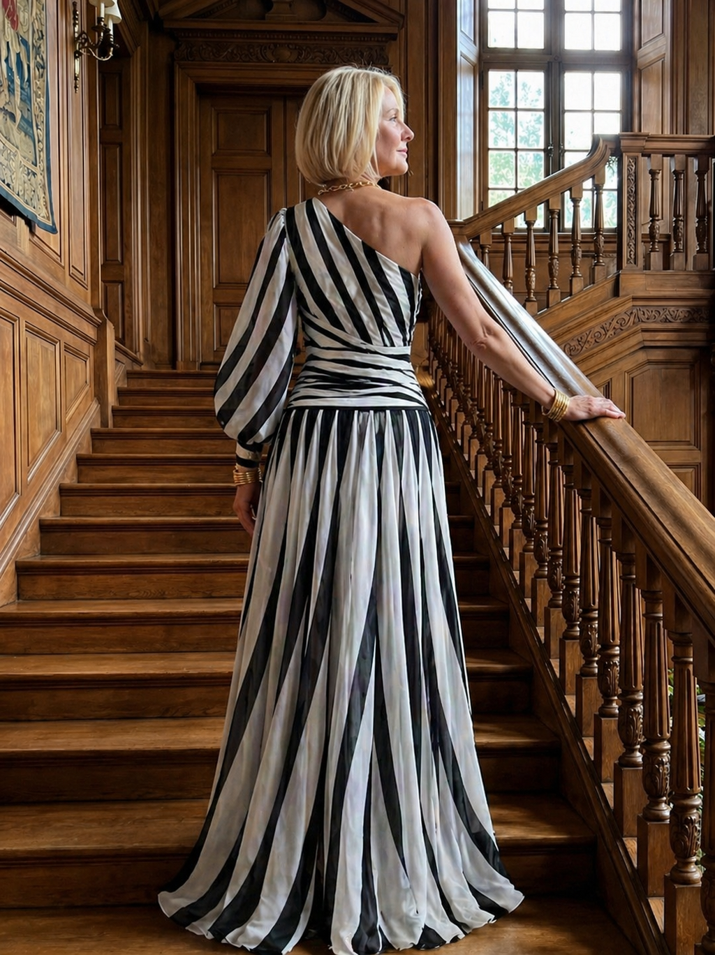 Aurora Valencia |Elegant Striped Maxi Dress with One Shoulder