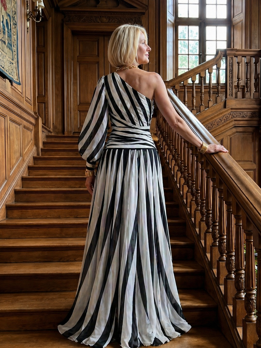 Aurora Valencia |Elegant Striped Maxi Dress with One Shoulder