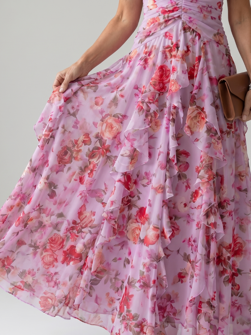 Aurora Valencia | Halter Neck Ruched Bodice Floral Maxi Dress