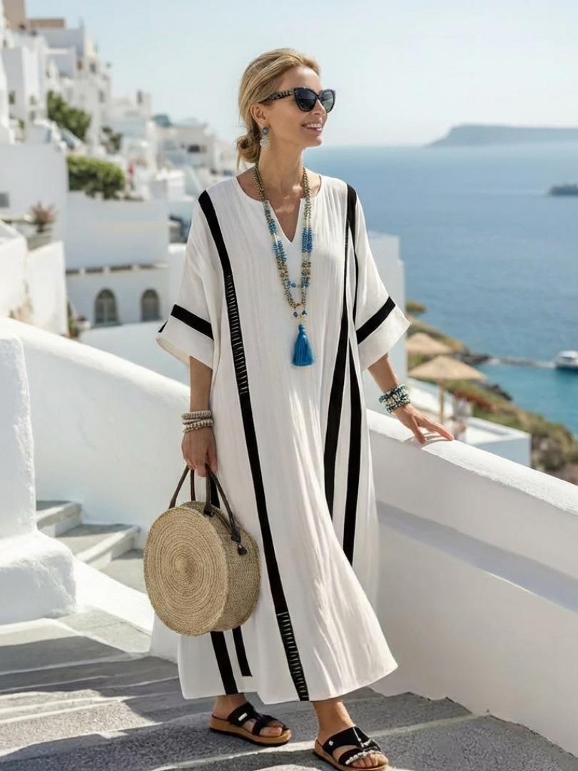 Aurora Valencia | Short Sleeve Color Block Striped Maxi Dress