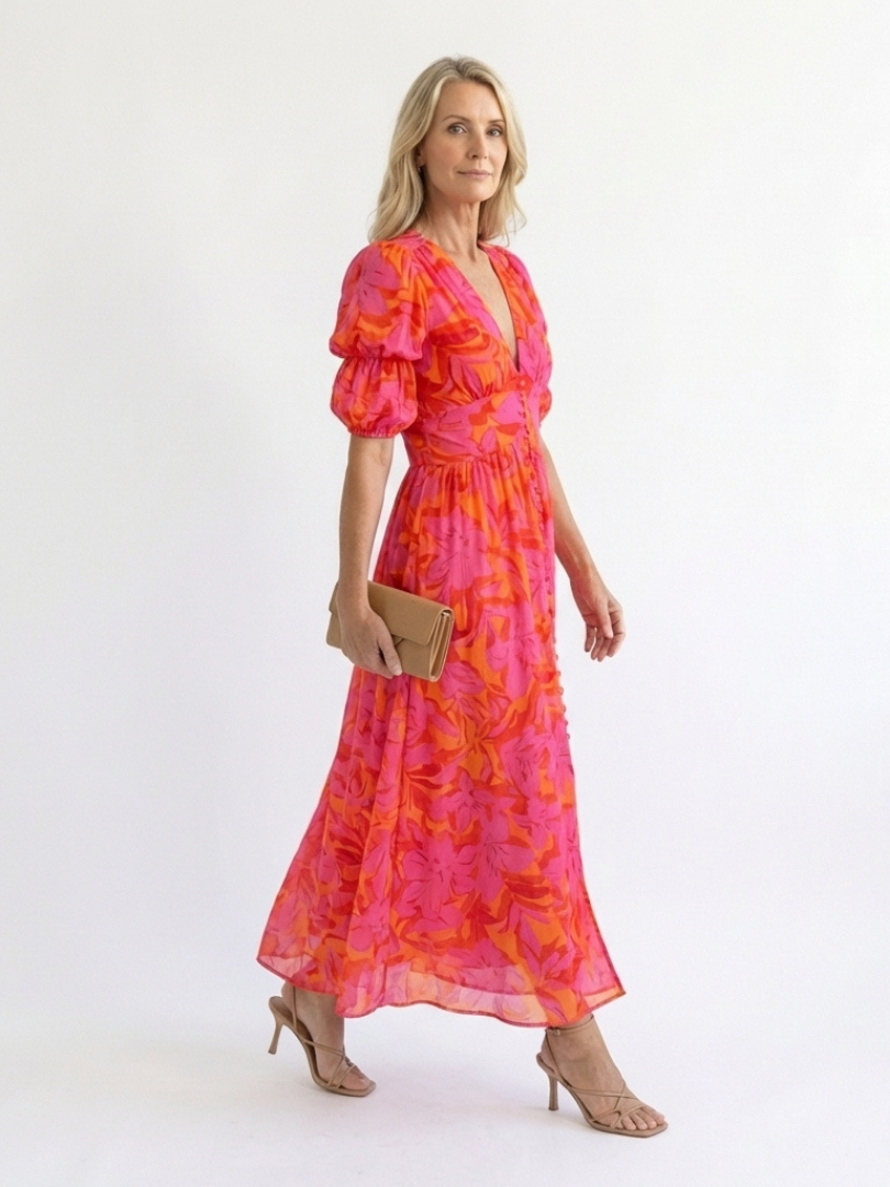 Aurora Valencia | Floral V Neck Puff Sleeve Midi Dress