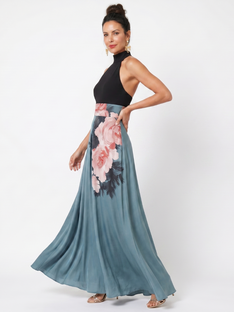 Aurora Valencia | Halter Bodice Floral Skirt Maxi Dress