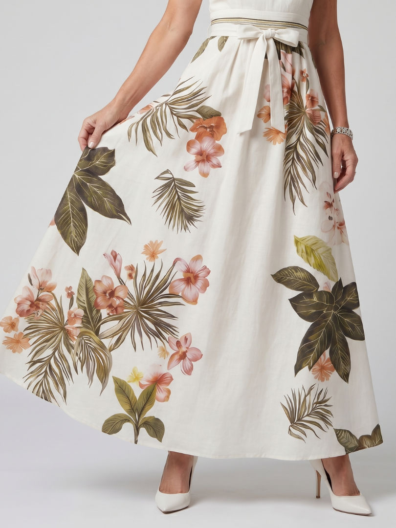 Aurora Valencia | Draped Halter Botanical Panel Maxi Dress