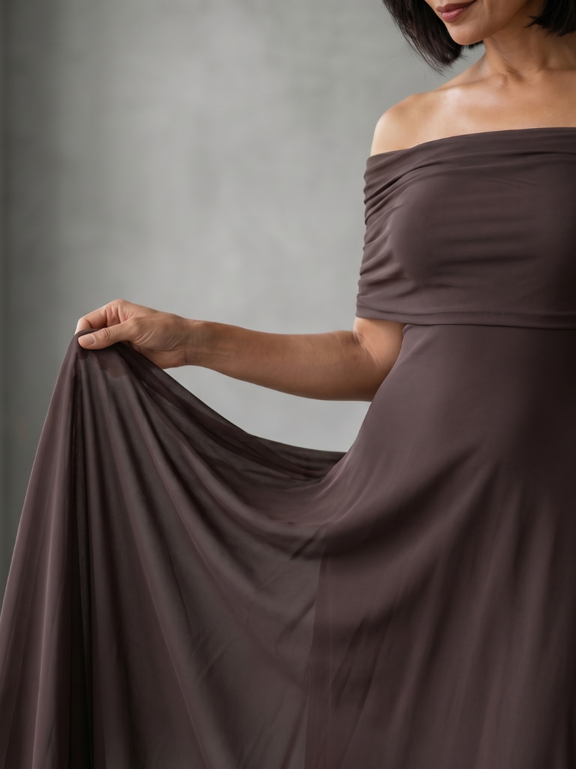 Aurora Valencia | Off Shoulder Draped Midi Dress