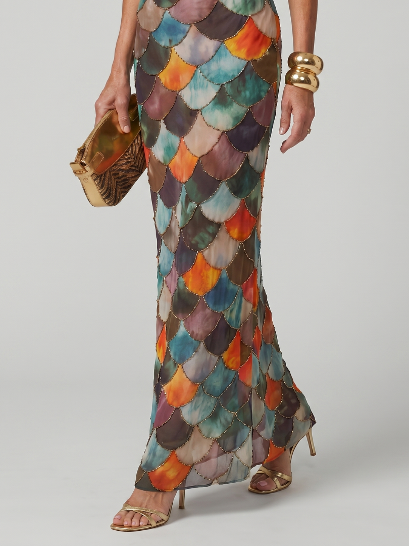 Aurora Valencia | Fitted Multicolor Scale Pattern Maxi Dress