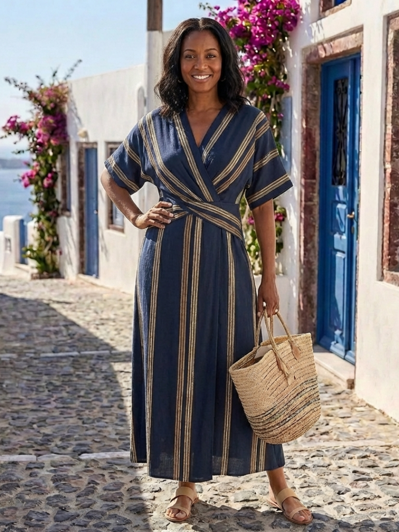 Aurora Valencia | V Neck Short Sleeve Striped Wrap Midi Dress
