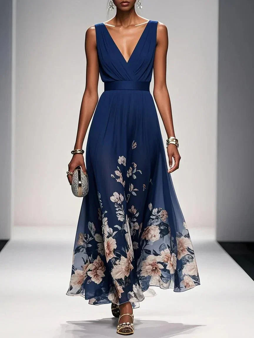 Aurora Valencia  | Light Blue Floral Chiffon V-Neck Maxi Dress