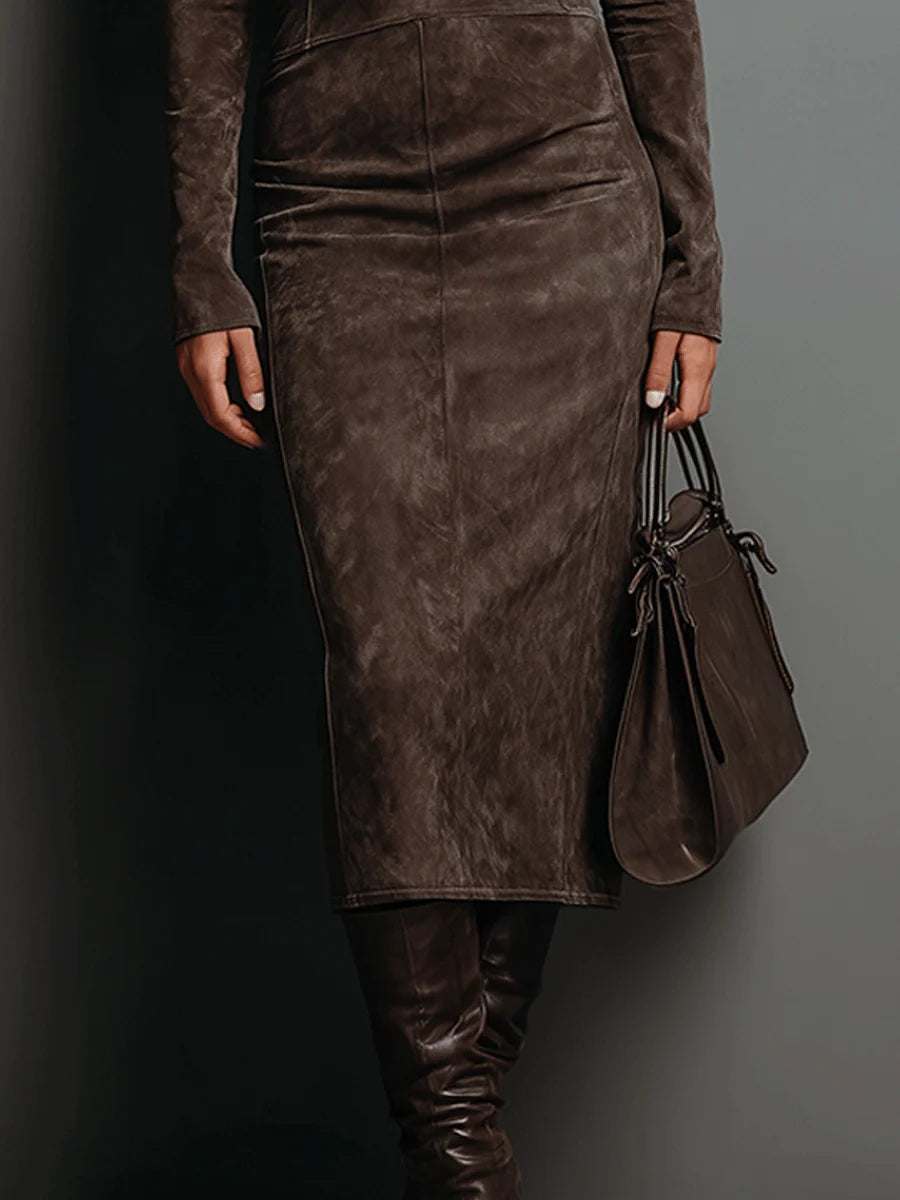 Aurora Valencia | Long Sleeve Suede Midi Dress
