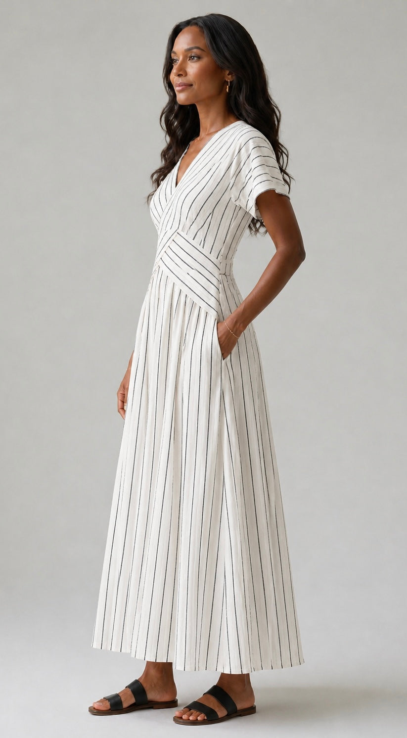 Aurora Valencia | V Neck Short Sleeve Cross Waist Midi Dress