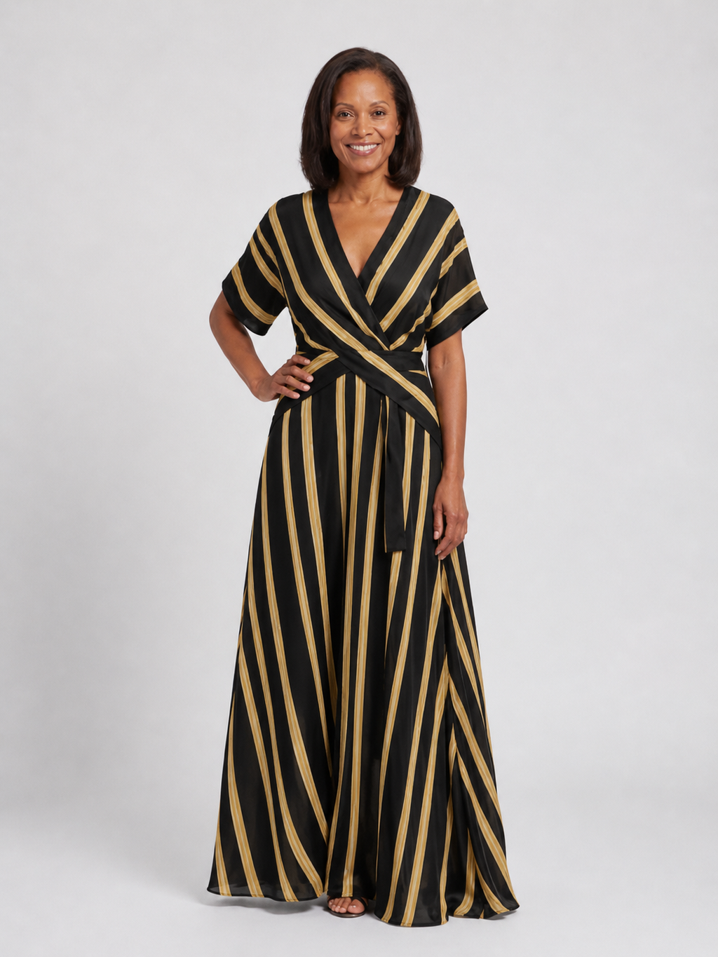 Aurora Valencia | Short Sleeve V Neck Striped Wrap Midi Dress