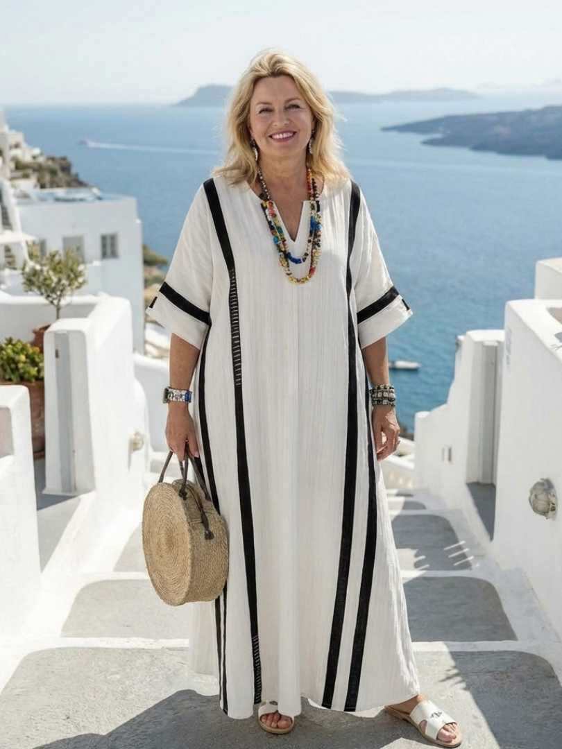 Aurora Valencia | Short Sleeve Color Block Striped Maxi Dress